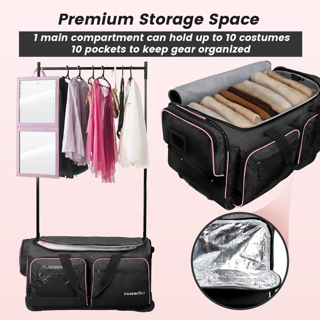 BlackPink Trim Dance Bag with Garment Rack Wheeled Travel 28x15x14