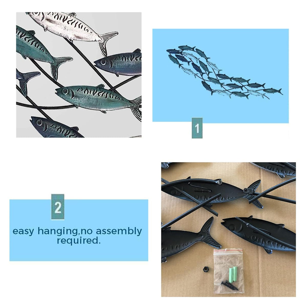Large Metal School of Fish Wall Art Decor 59.0 x 16.5 Inches BlueWhiteGreen $79.50