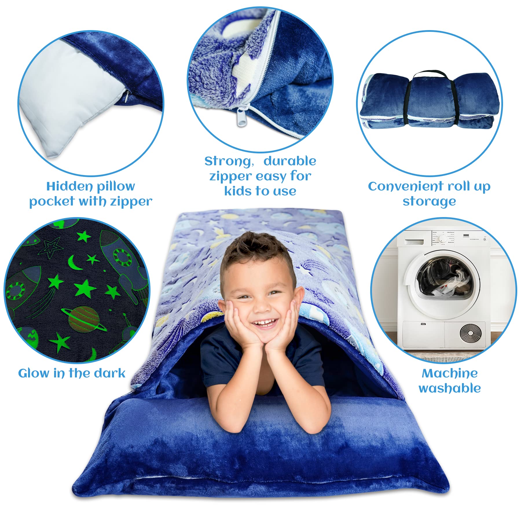 Glow in the Dark Kids Slumber Bag with Pillow Blanket 62x28 Starry Sky
