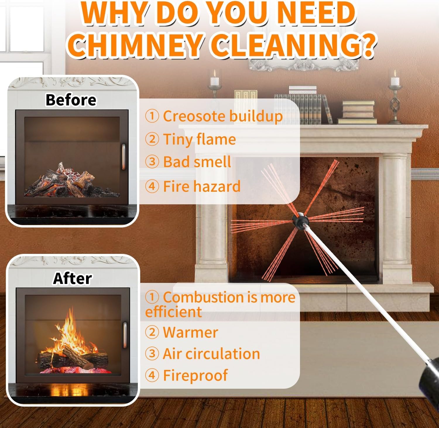 Chimney Cleaning Kit with 10 Flexible Rods Brush - 33ft Black