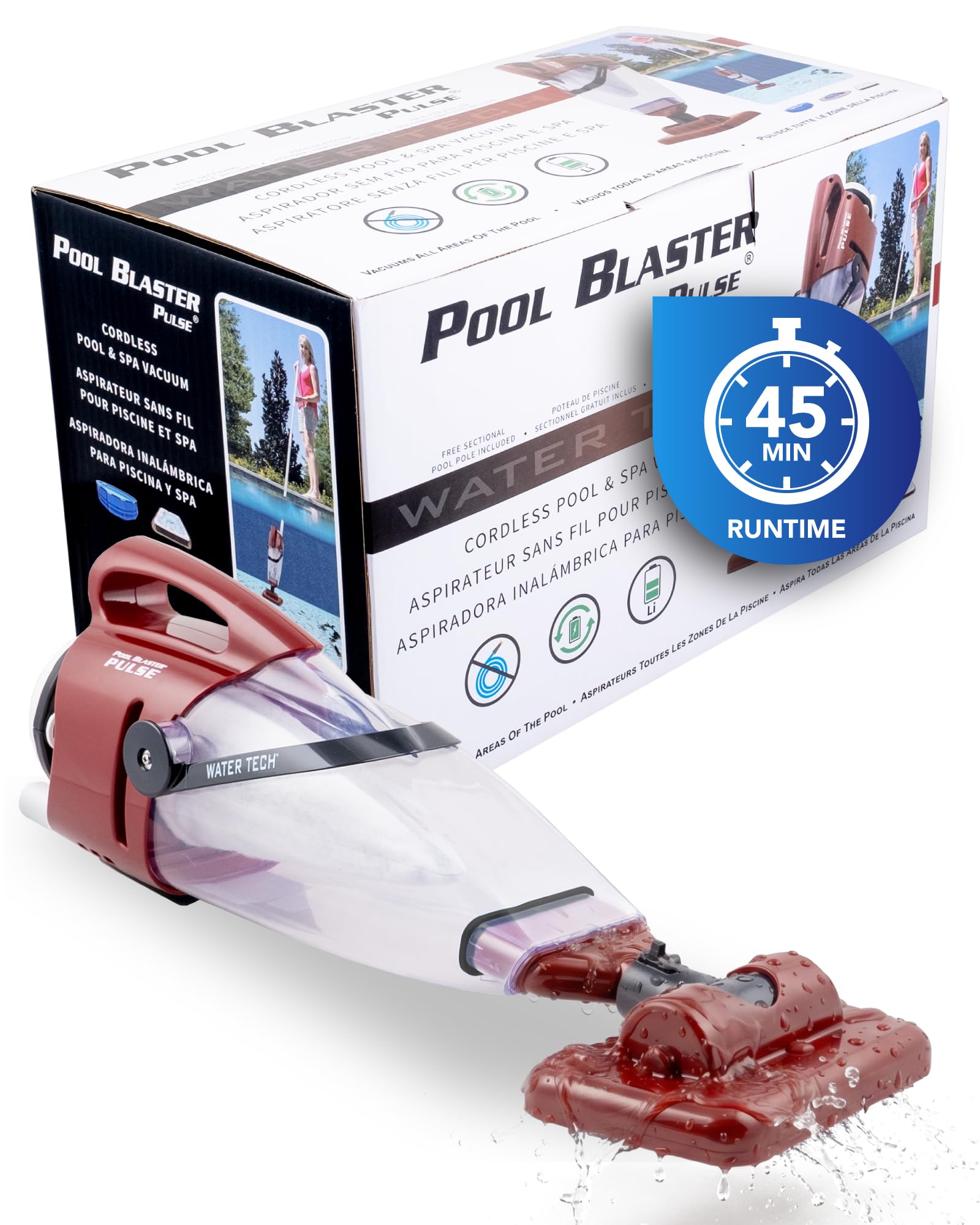Pulse Cordless Pool Vacuum Rechargeable XL Debris Chamber 45 Pole 45 Min Runtime Red