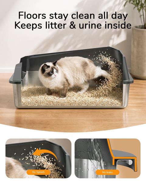 XL Cat Litter Box with Stainless Steel Inner Tank and Side-Entry Removable Lid Dark Gray