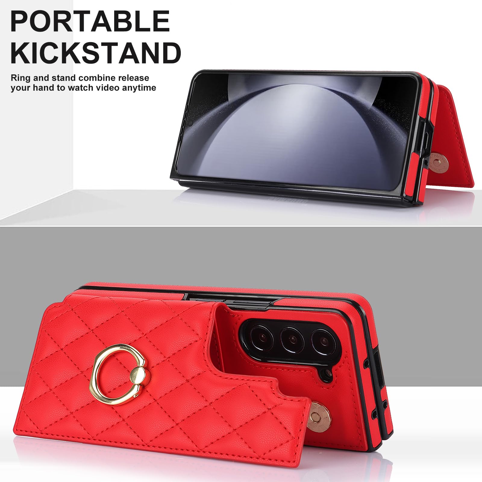 Red Samsung Galaxy Z Fold 5 Wallet Flip Case w Ring Card Holder Cash Slot  Kickstand