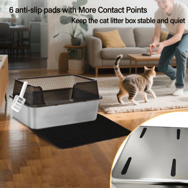 Enclosed High Sided Stainless Steel Cat Litter Box with Lid Scoop and Mats Transparent Black $59.00