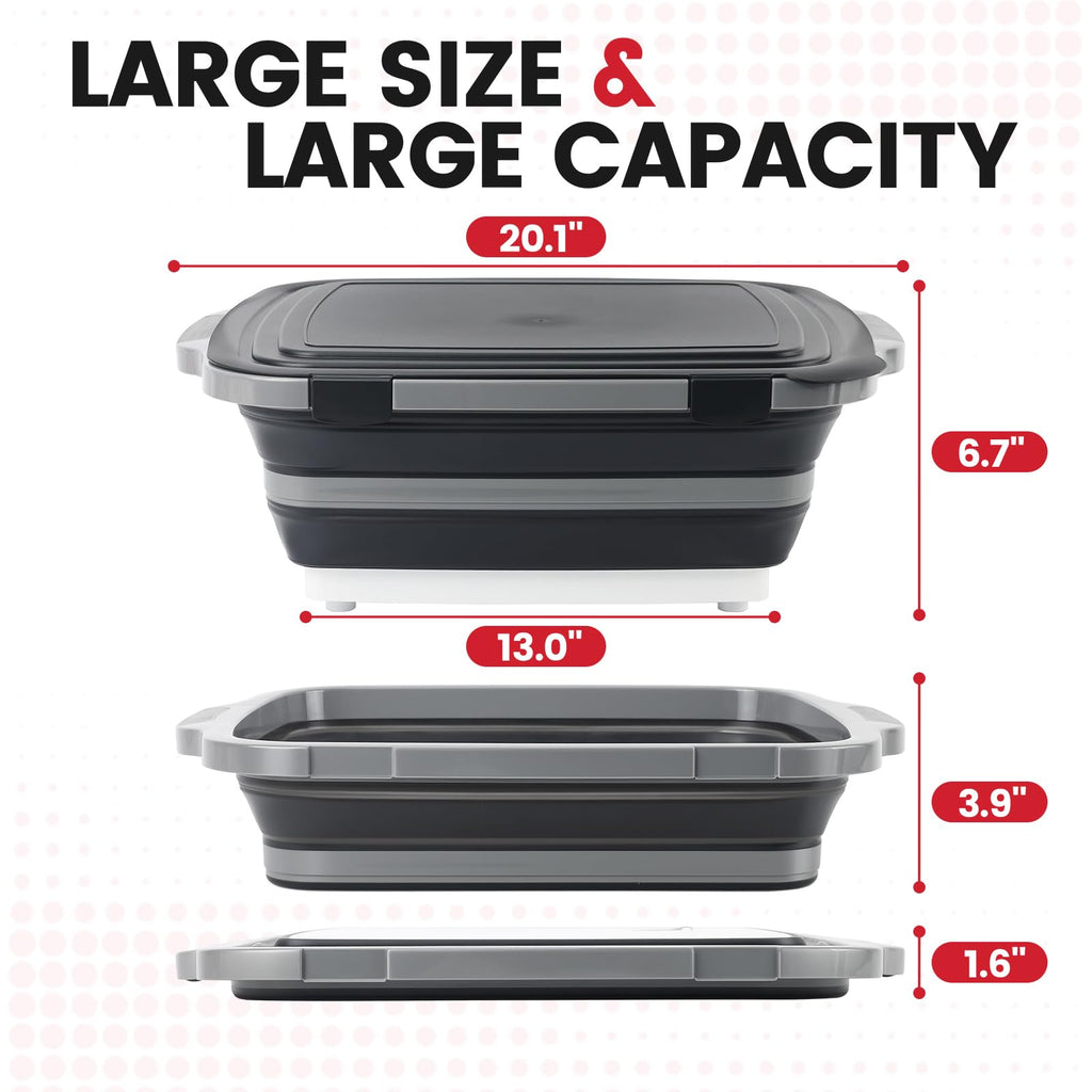 -IN-1 Large 16L Collapsible Cutting Board Prep Tub with Locking Lid Black