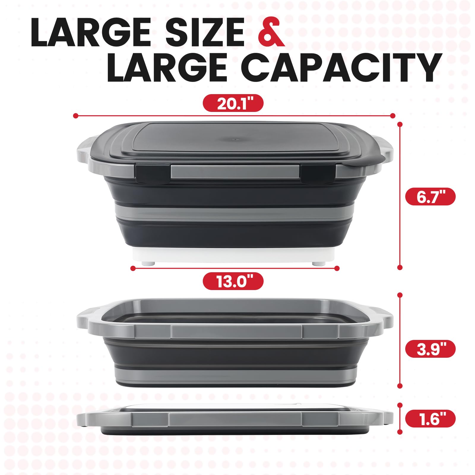 -IN-1 Large 16L Collapsible Cutting Board Prep Tub with Locking Lid Black