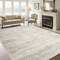 Beige 9x12 Washable Non-Slip Faux Wool Vintage Low-Pile Area Rug