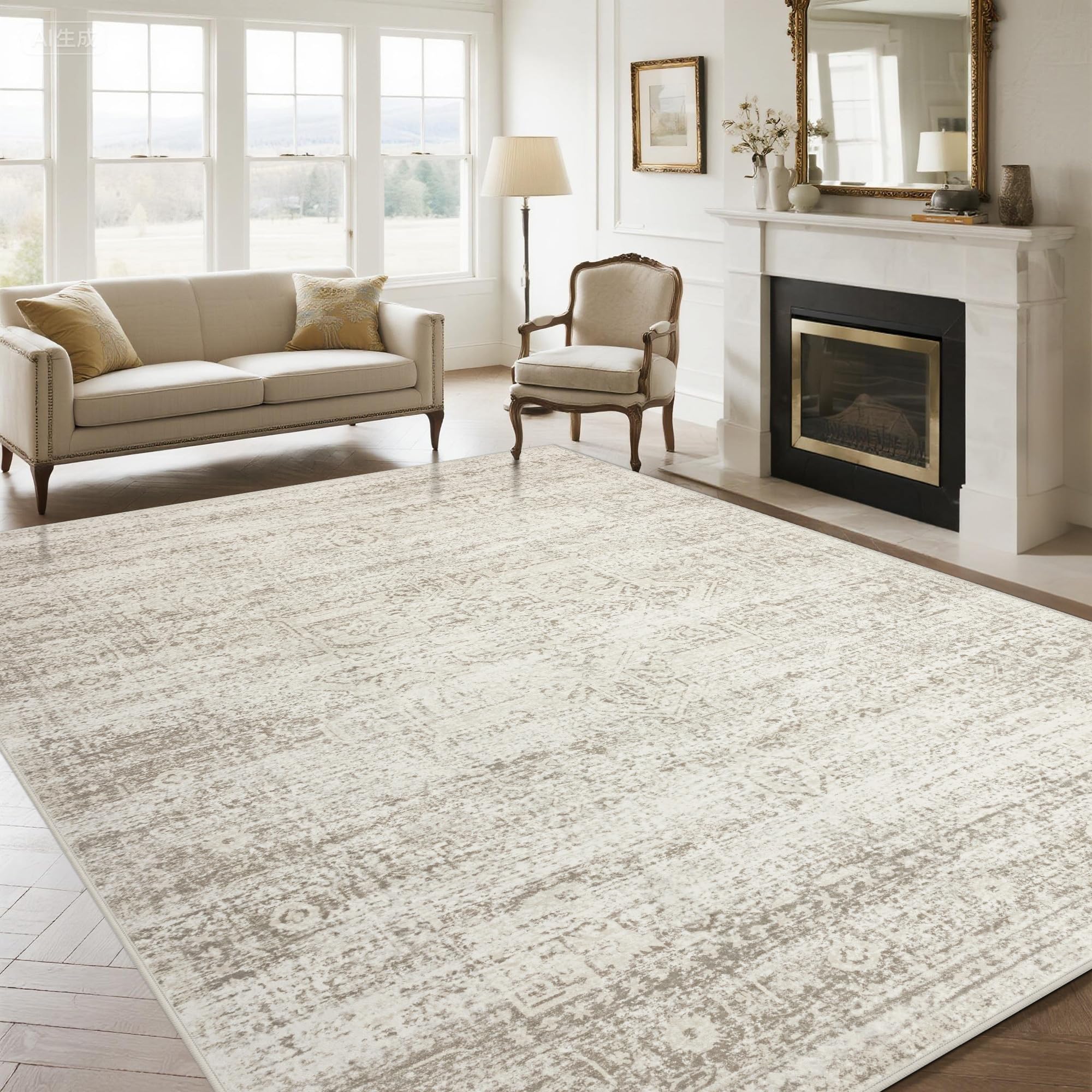 Beige 9x12 Washable Non-Slip Faux Wool Vintage Low-Pile Area Rug