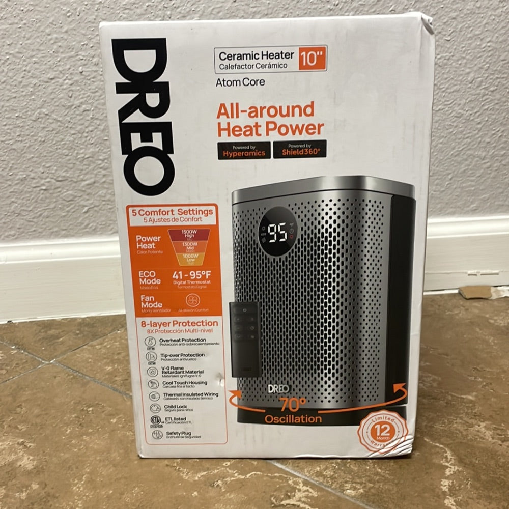 Dreo 1500W Atom Core Portable Oscillating Ceramic Space Heater for Home with Remote and Thermostat 1-12H Timer Silver: Indoor Heater for Bedroom Retail $54.00
