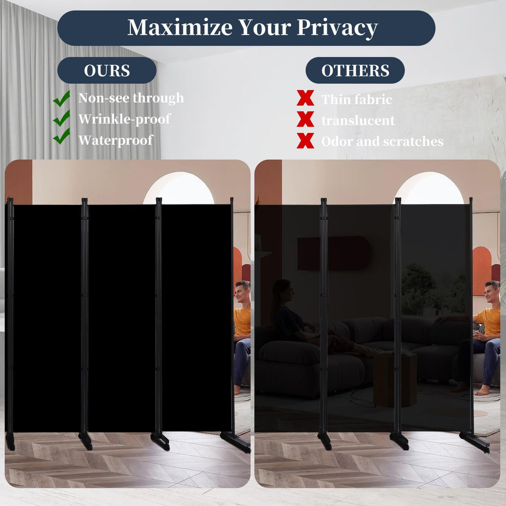 Black Folding Fabric Room Divider Privacy Screen with Lockable Wheels 176L x 72H