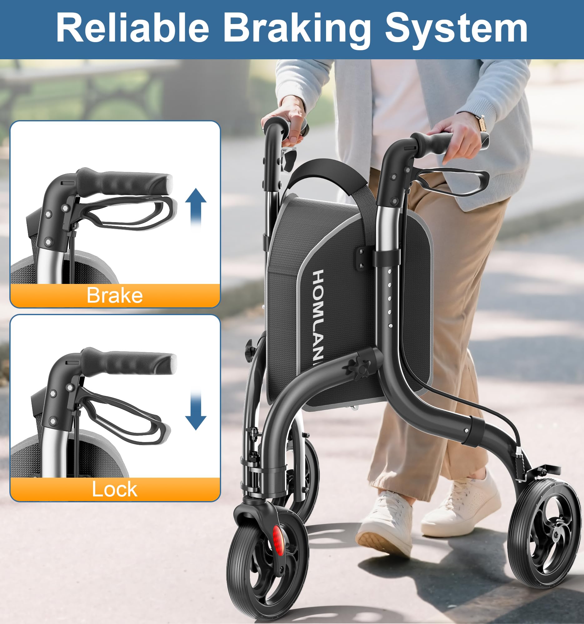 Black 3 Wheel Lightweight Foldable Aluminum Rollator Walker with Storage Bag