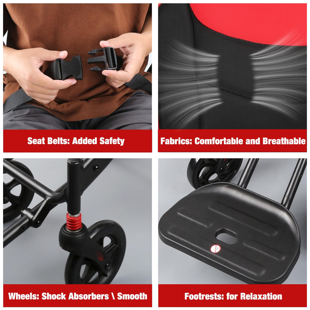 Lightweight Foldable Transport Wheelchair for Adults 11-inch Rear Wheels 300lb Capacity - RedBlack
