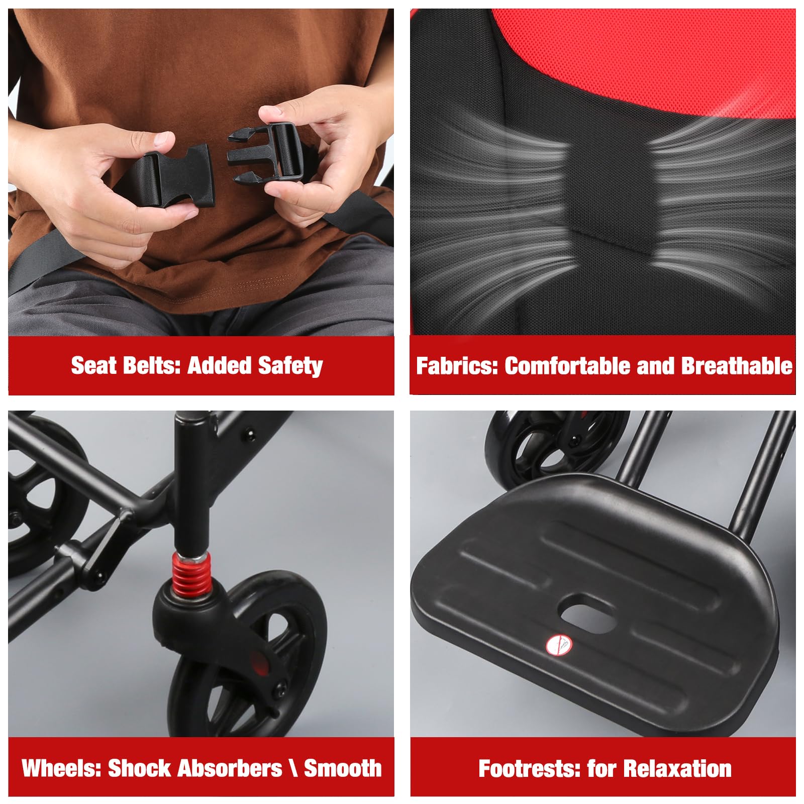 Lightweight Foldable Transport Wheelchair for Adults 11-inch Rear Wheels 300lb Capacity - RedBlack