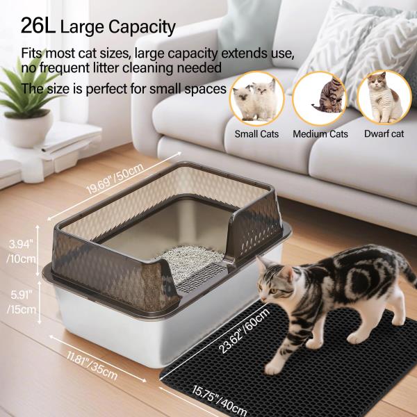 Enclosed High Sided Stainless Steel Cat Litter Box with Lid Scoop and Mats Transparent Black $59.00