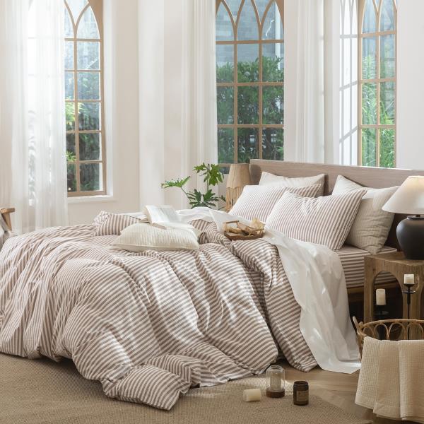 MooMee Striped Duvet Cover Set 100% Washed Cotton Linen Like Queen Retail $74.00