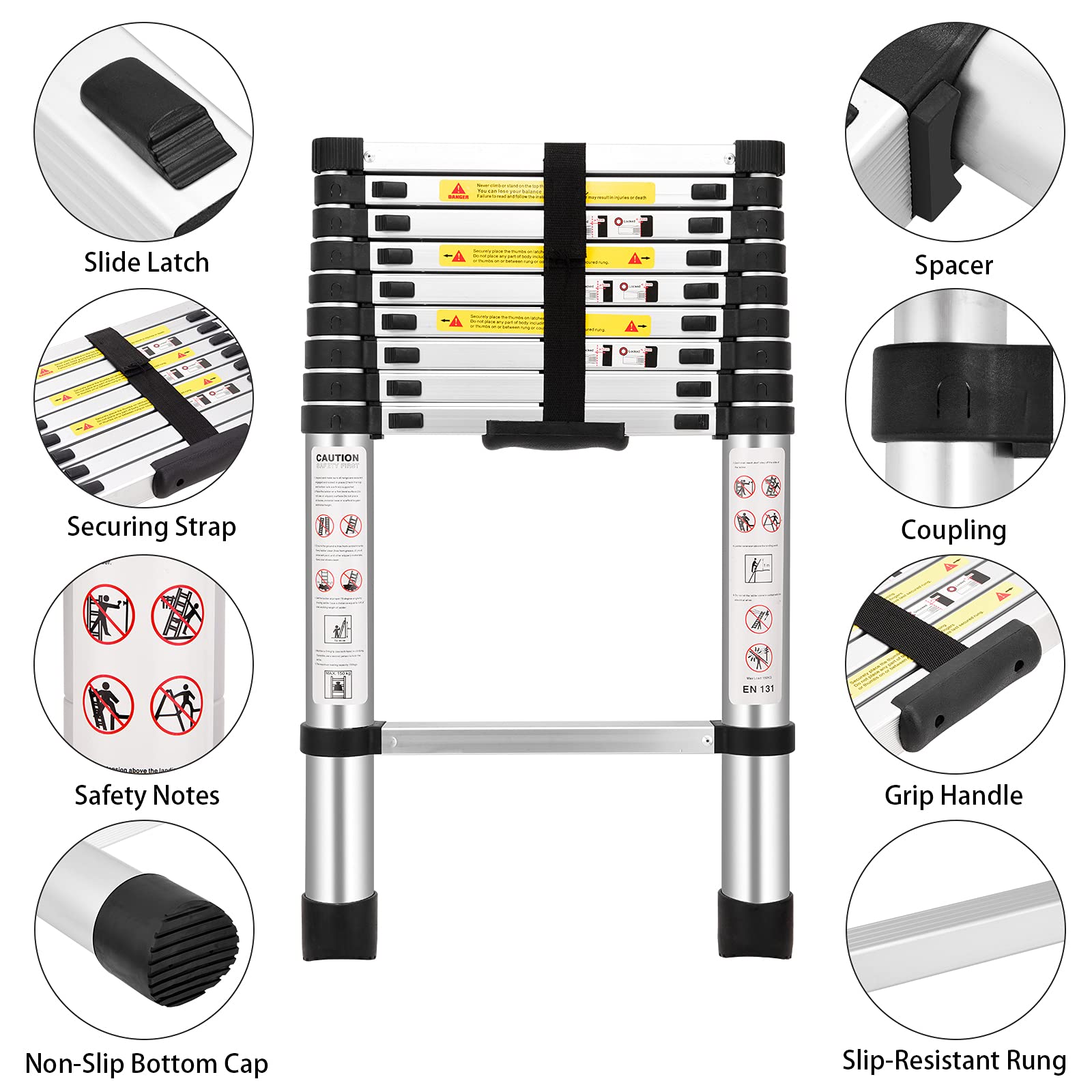 (8.5Ft/2.6M) Telescoping Ladders,EN131Standards Multi-Purpose Folding Aluminum Extension Ladder Retail $72.00