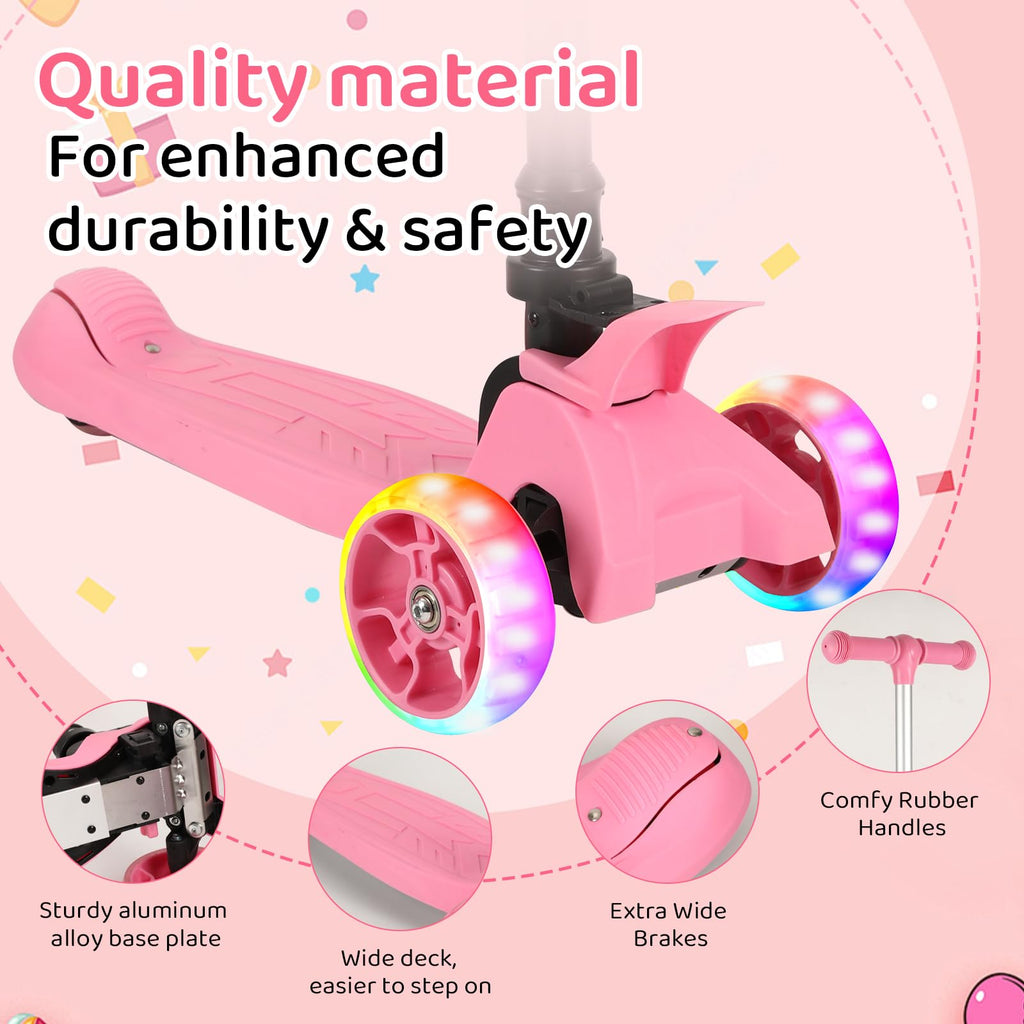-in-1 Ride-On Scooter Suitcase Hardside for Kids LED Wheels Retractable Handle Pink