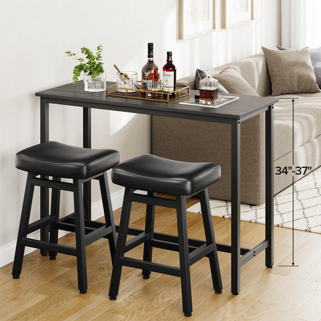 Set of 2 All Black 24 Inch Counter Height Bar Stools w Bonded Leather Saddle Seats