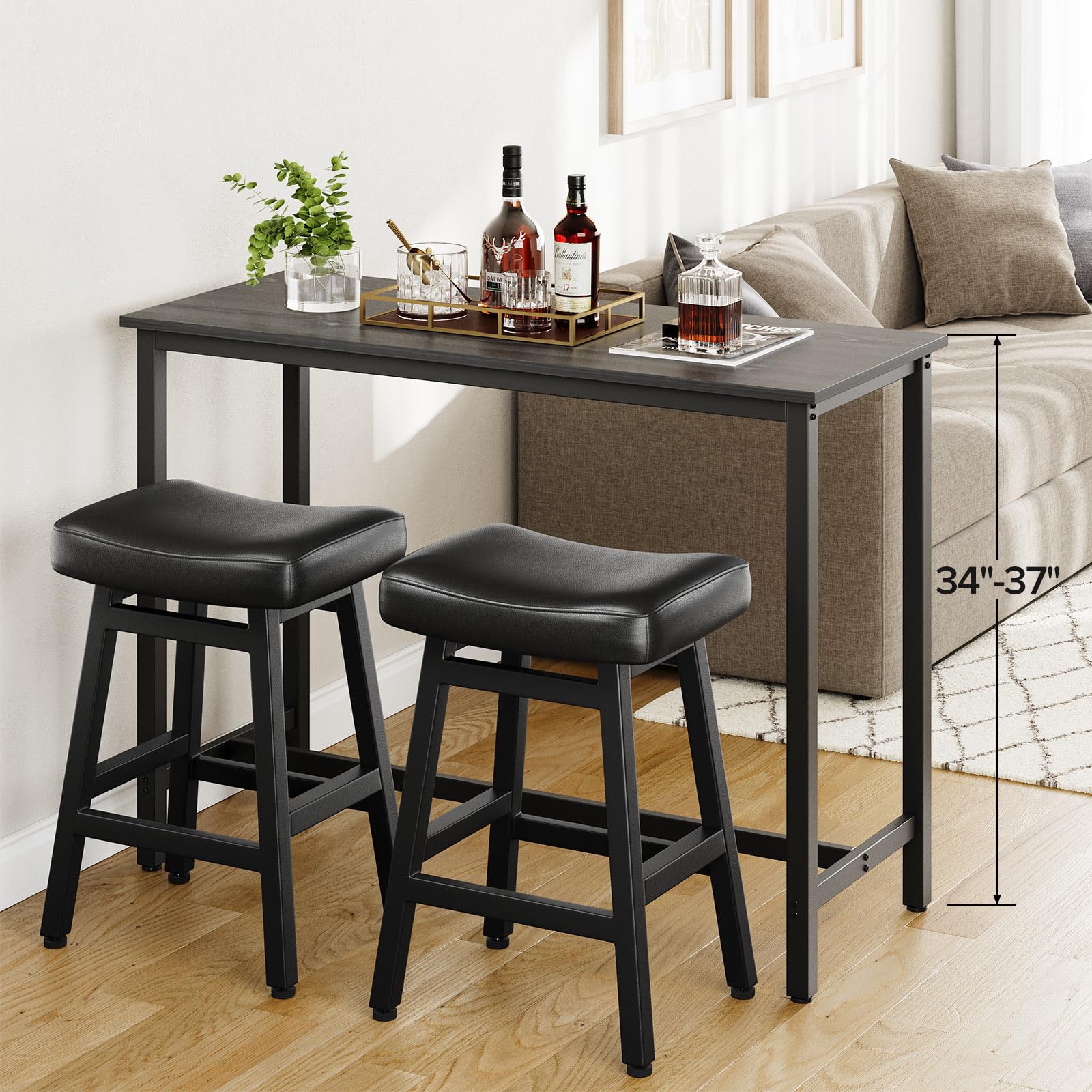 Set of 2 All Black 24 Inch Counter Height Bar Stools w Bonded Leather Saddle Seats