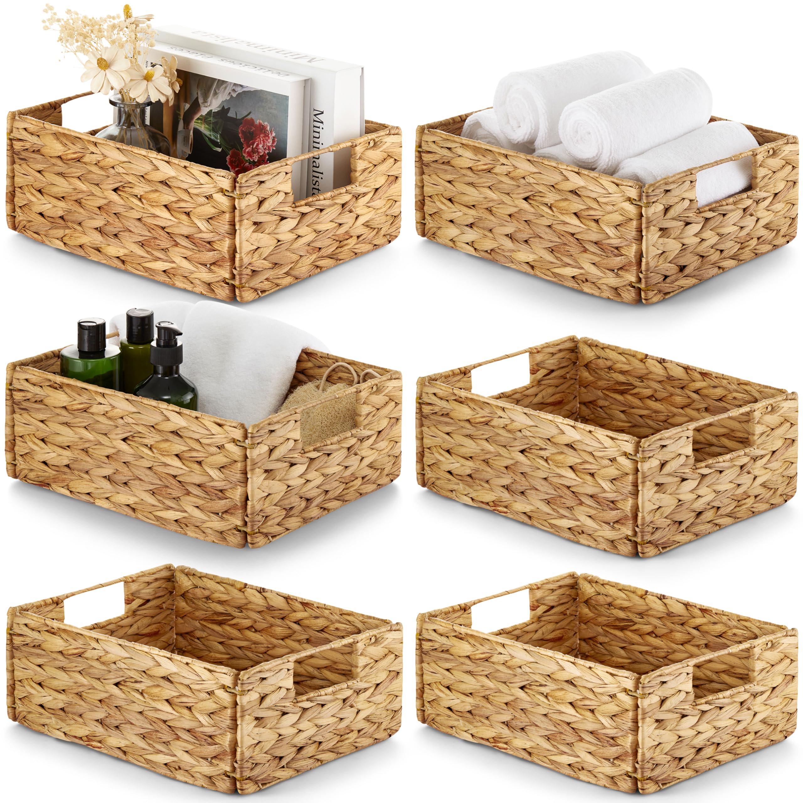 Set of 6 Natural Water Hyacinth Storage Baskets 12x8x6 Inches