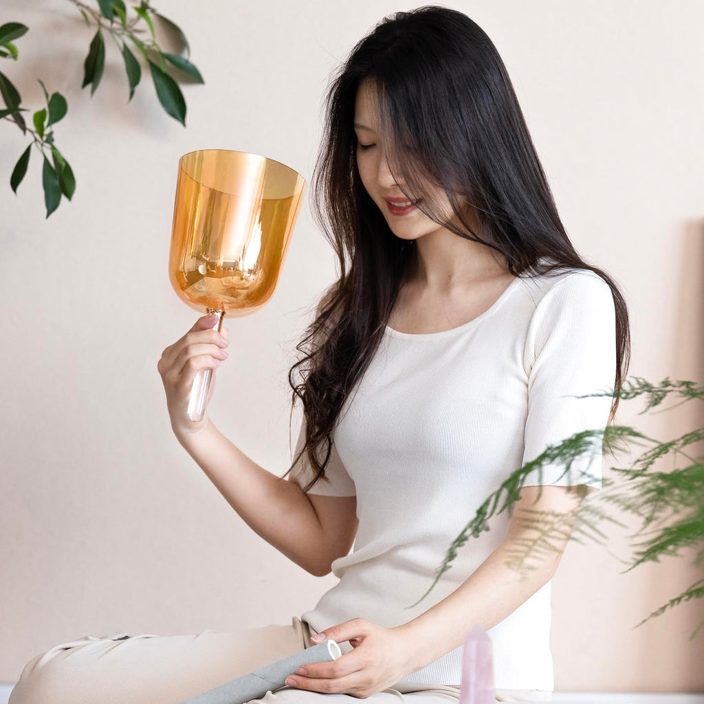 Inch F Note Golden Tea Quartz Handle Singing Bowl with Carry Case for Sound Healing