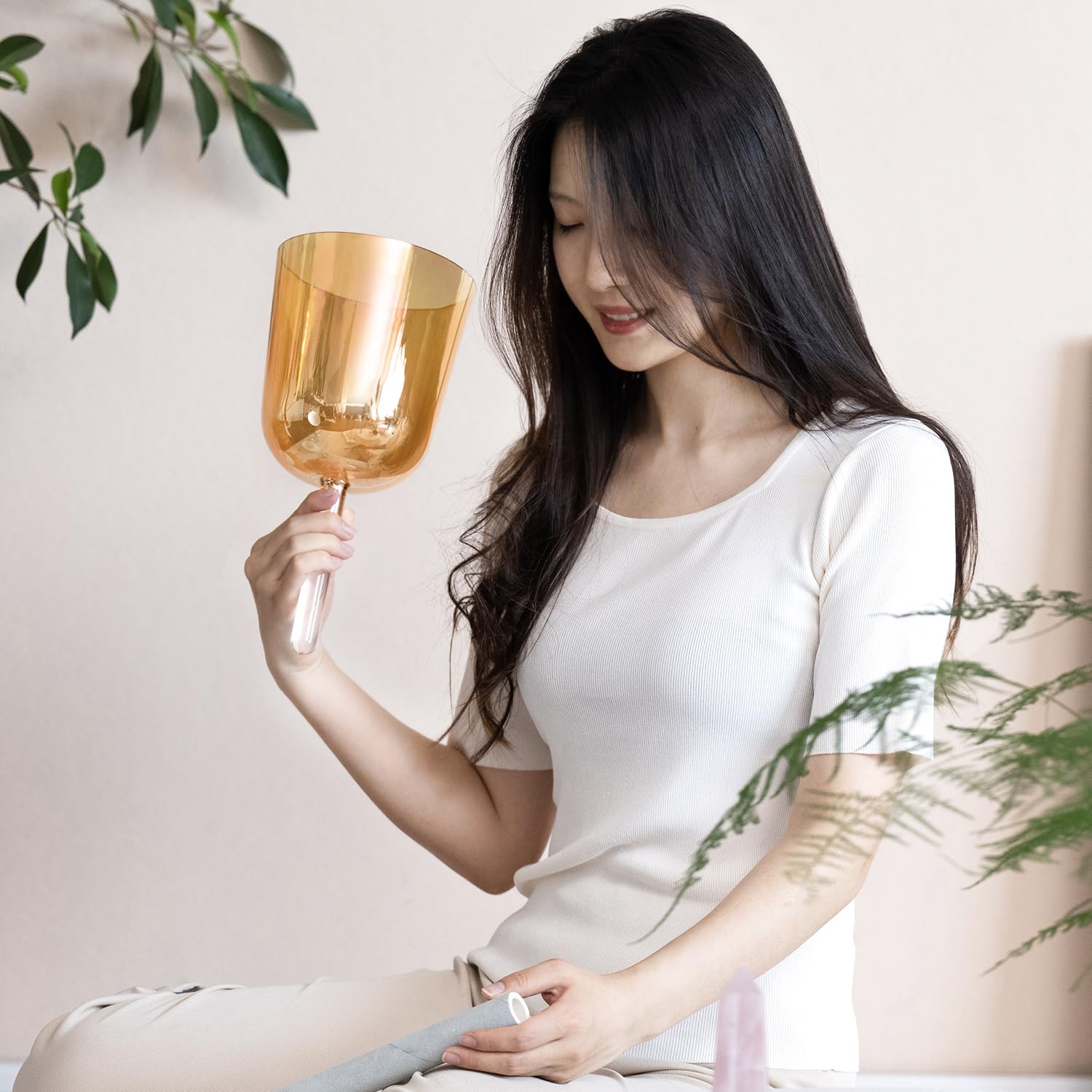 Inch F Note Golden Tea Quartz Handle Singing Bowl with Carry Case for Sound Healing