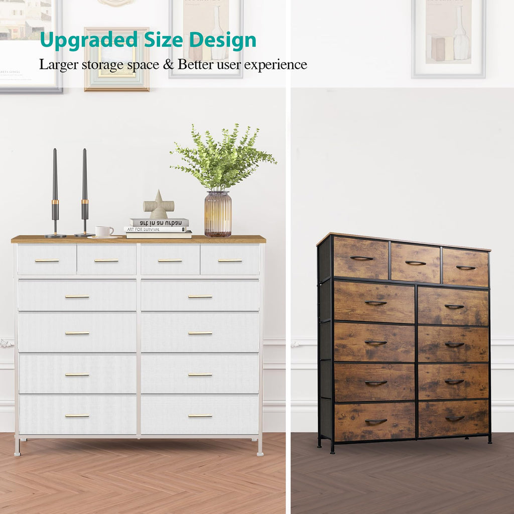 White Tall Fabric Dresser with 12 Deep Drawers  Retro Wood Top