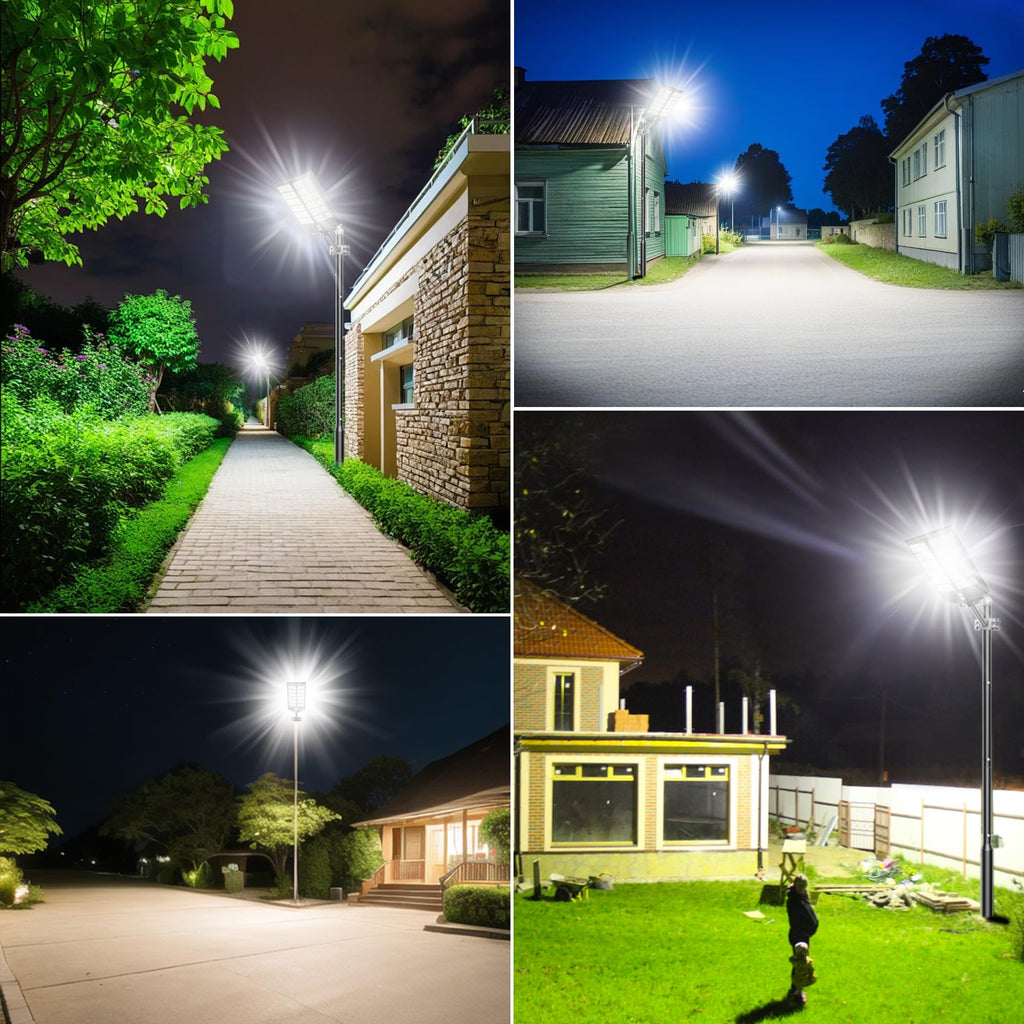 W LED Solar Powered Outdoor Street Light with Dusk-to-Dawn Motion Sensor - Black
