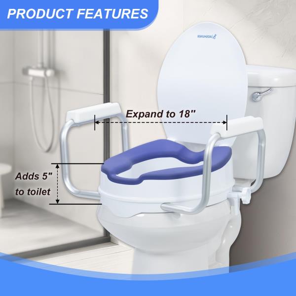 Raised Toilet Seat with Handles, Add 5 inch, Fits Round Toilet