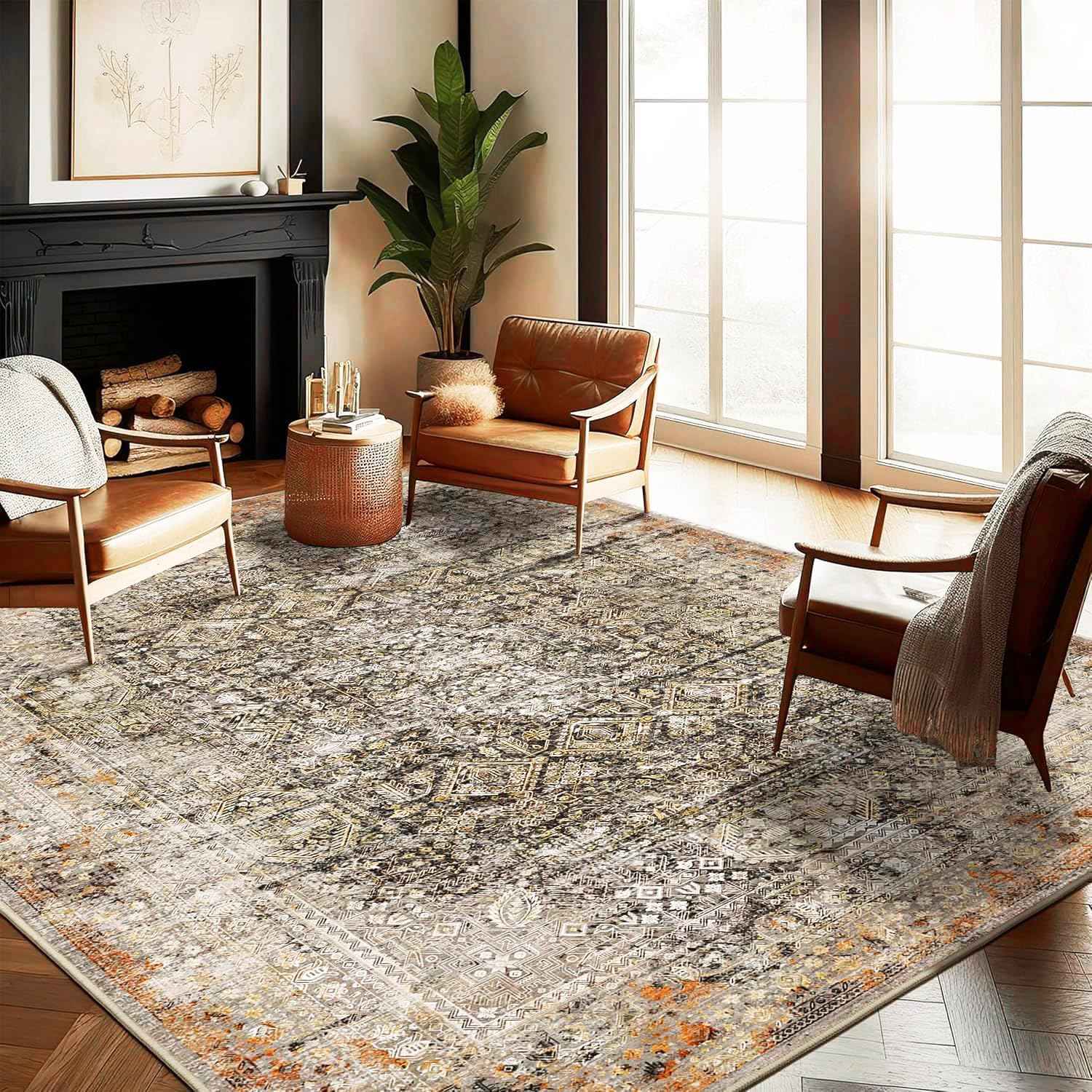CHAMPLANT Area Rug 9'x12' Washable Vintage Traditional Mat Distressed Indoor Foldable Thin Retro Accent Floral Print Non Slip Carpet for Living Room Dining Room Office Large Rugs Retail $138.00