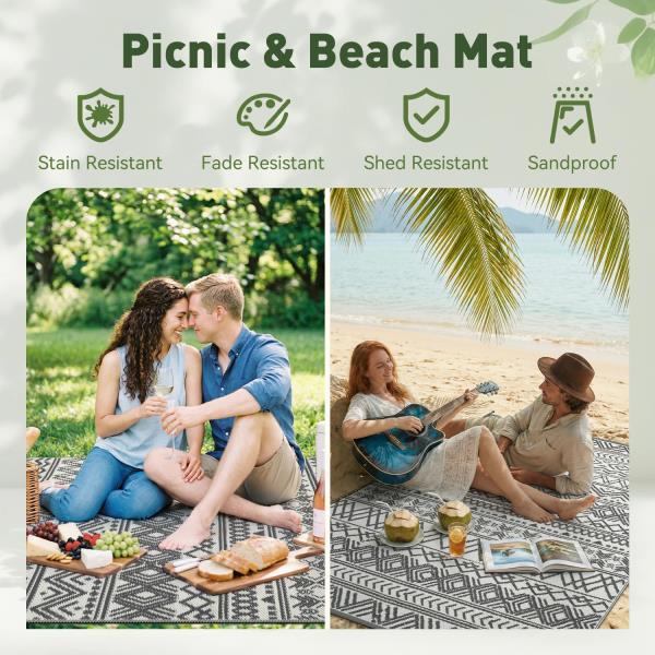 x8 Reversible Waterproof Plastic Straw Outdoor Patio Rug Boho Grey