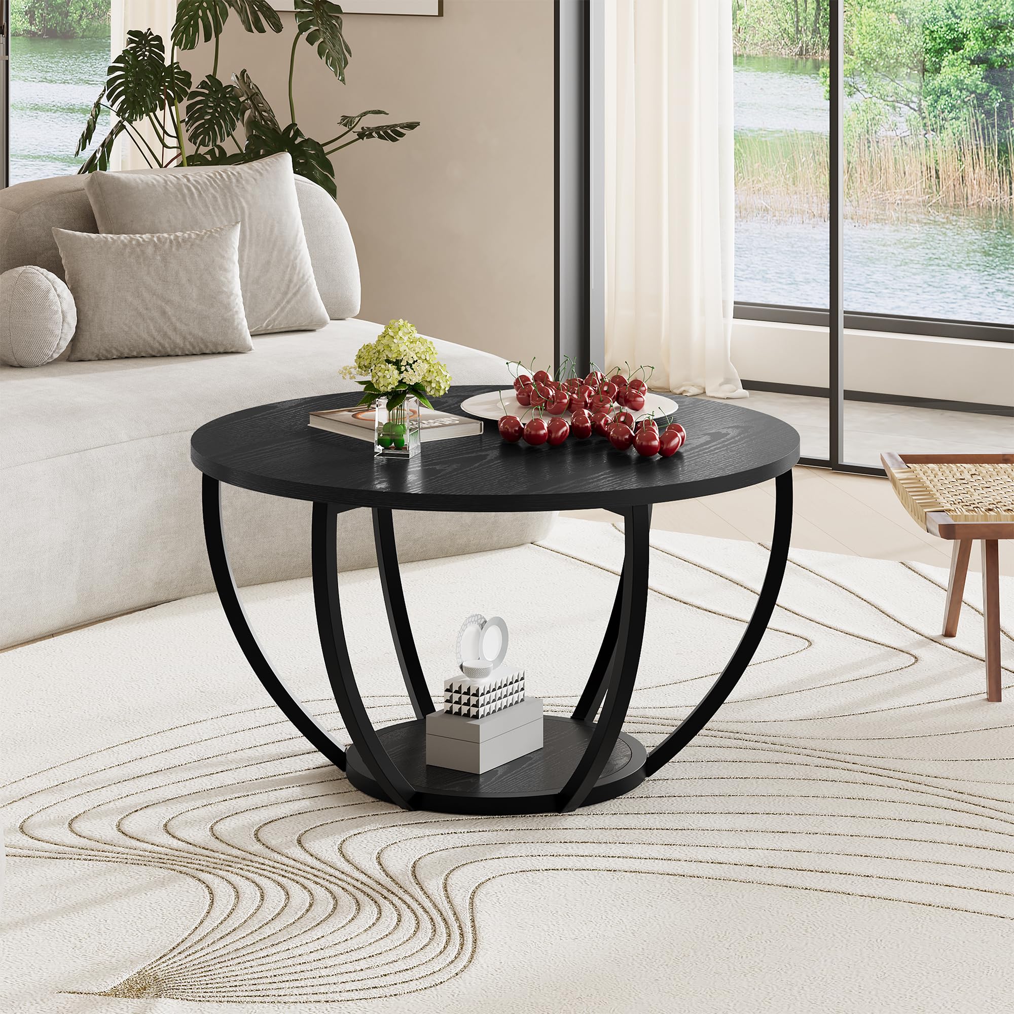 New HOMERECOMMEND Black Round Wooden 2-Tier Coffee Table with Storage Shelves. Retail $65.00