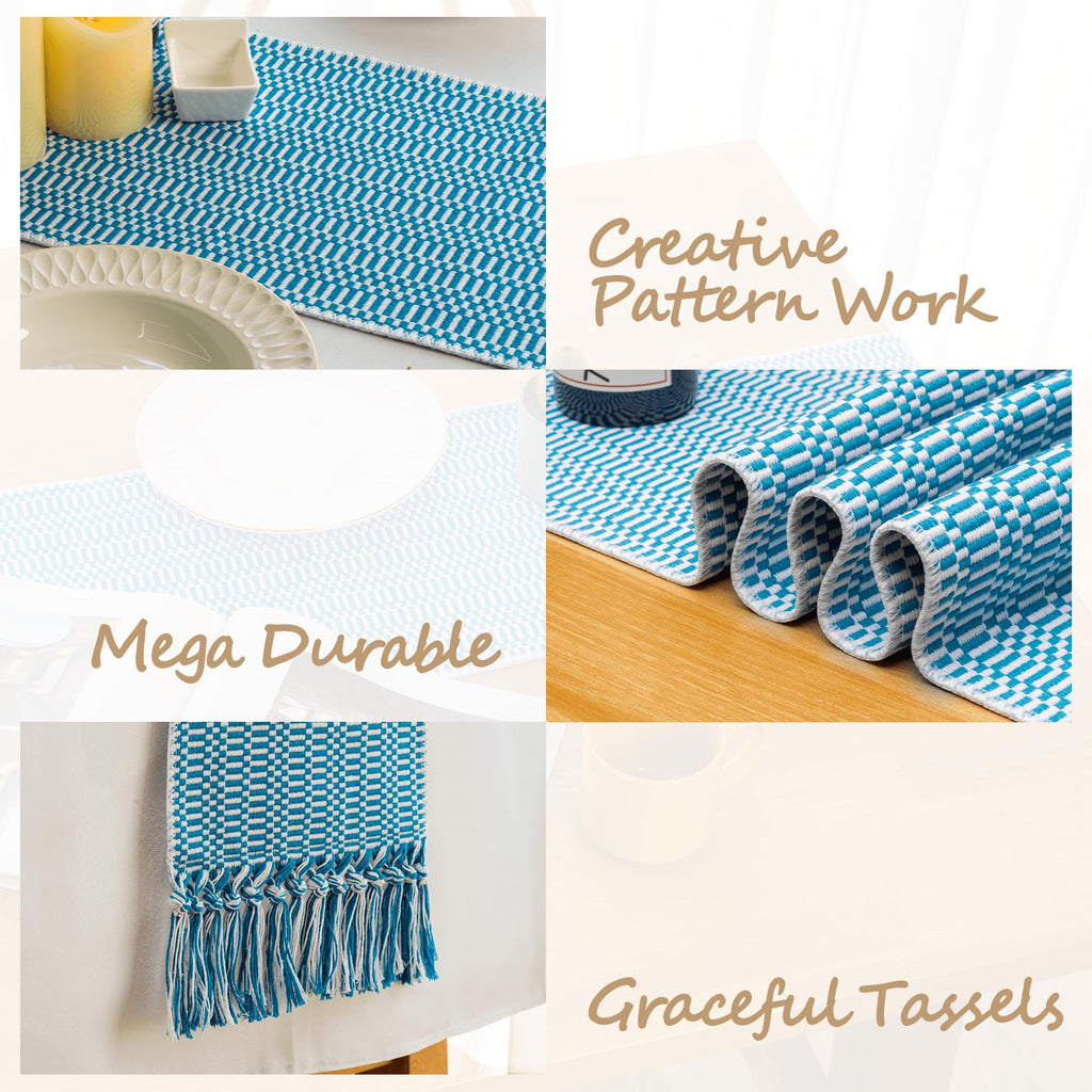 White Teal Blue Farmhouse Woven Table Runner 72 Inch Retail $29.00