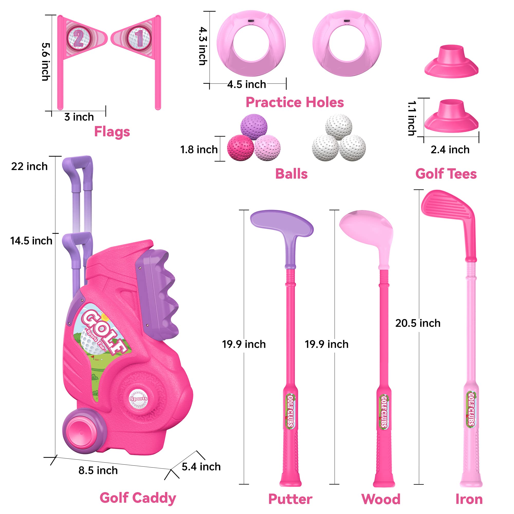 Kids Plastic Golf Set with Retractable Cart  Clubs - Pink