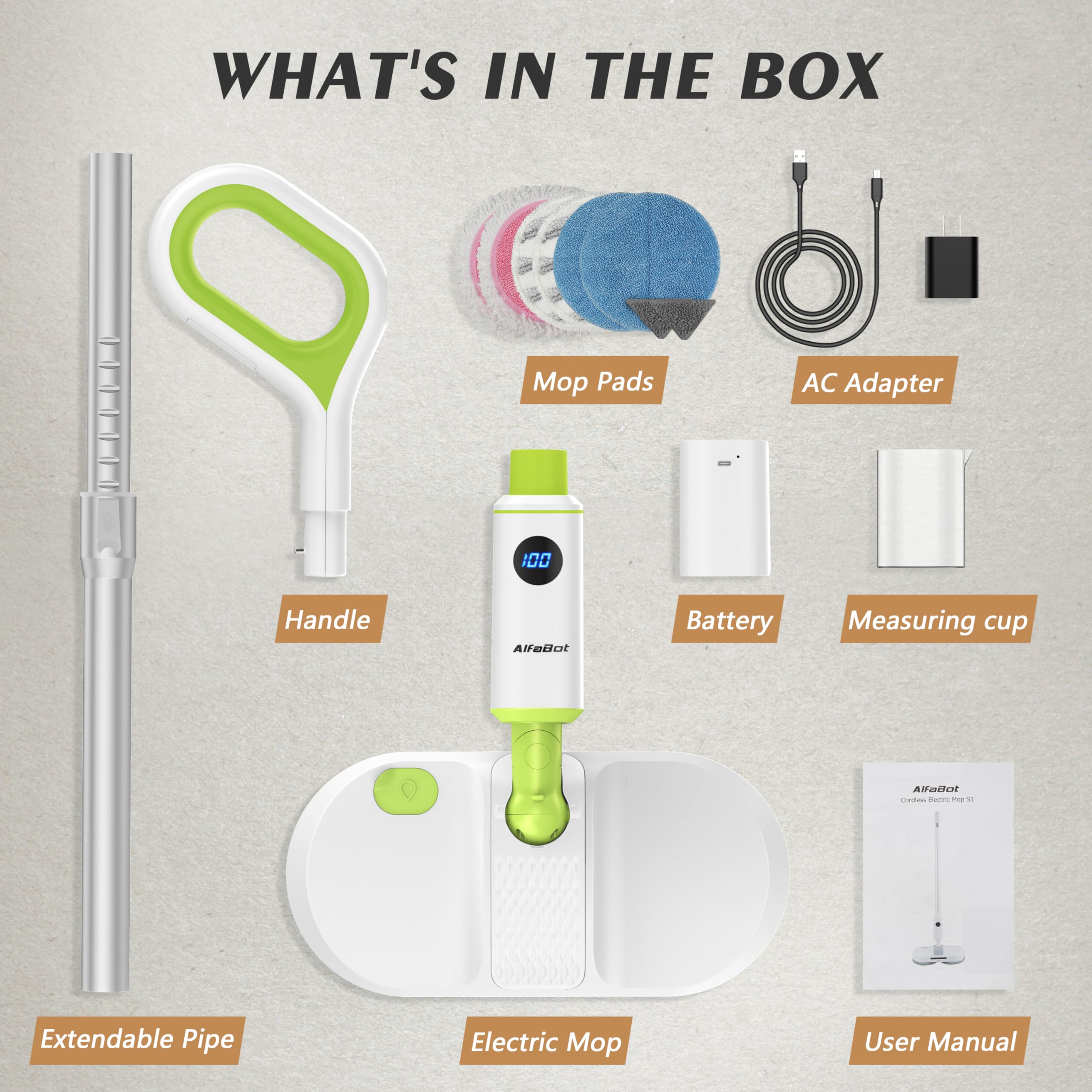 Open-Box New AlfaBot AL-S1 Cordless Electric Mop Dual Spin with LED Headlight Water Spray  Self-Propelled - Green.