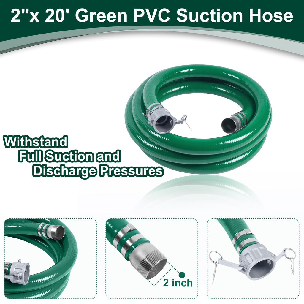 2 Inch Discharge Hose Pump Kit Includes 2" x 65' Blue PVC Lay-Flat Backwash Hose & 2" x 20' Green PVC Suction Hose & Steel Round Hole Suction Strainer & Cam and Groove Adapter, for water/trash pump Retail $125.00