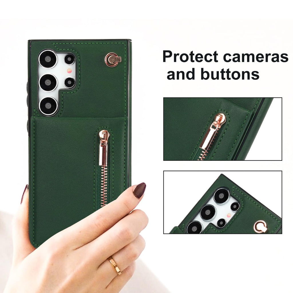 Green Samsung Galaxy S24 Ultra Wallet Flip Case w Crossbody Strap Card Holder  Kickstand