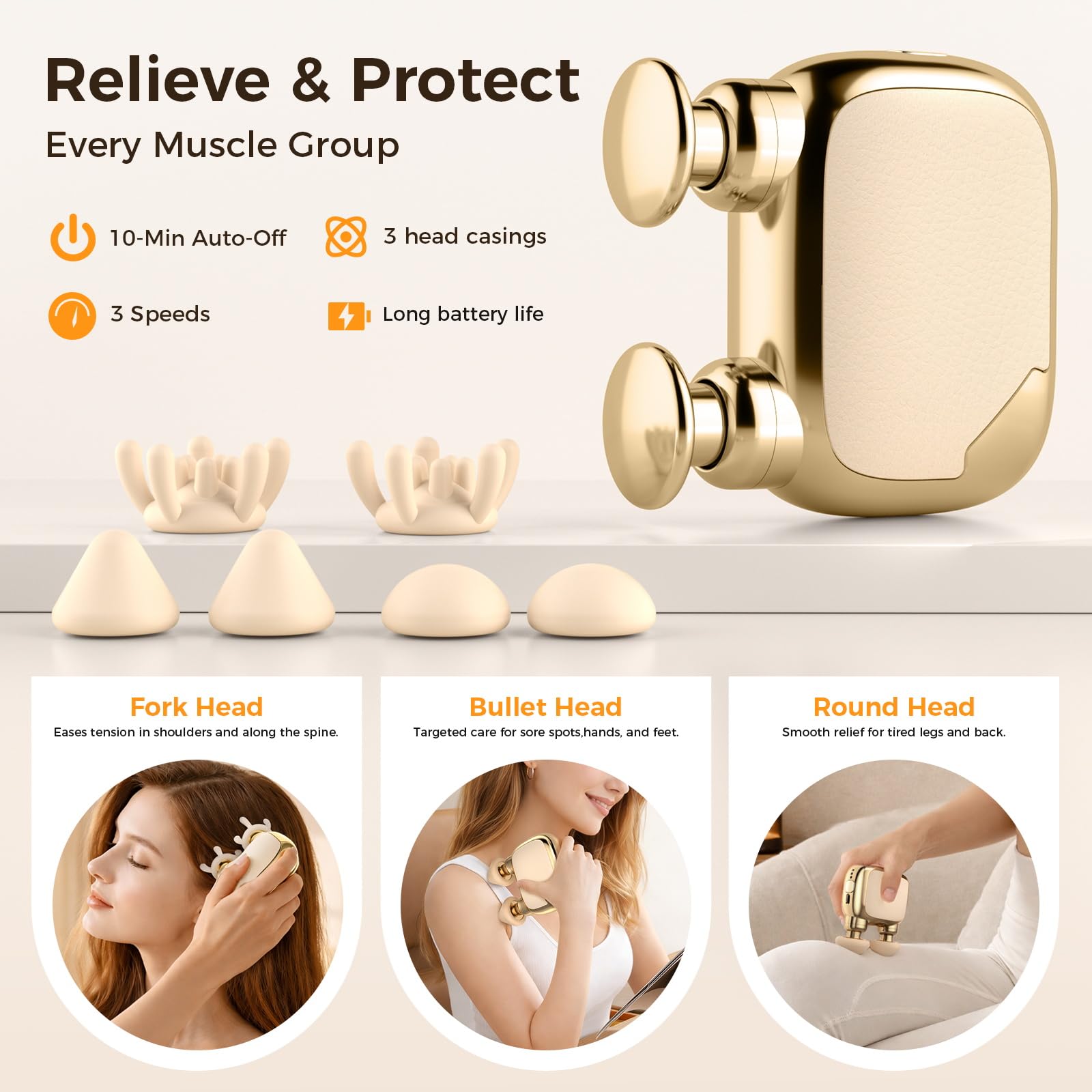 Beyn Mini Massage Gun,Palm-Sized Massage Gun,Powerful Deep Tissue Muscle Massager for Travel,Sports& Daily Use,With 3 Speeds & 3 Massage Heads(Light beige)