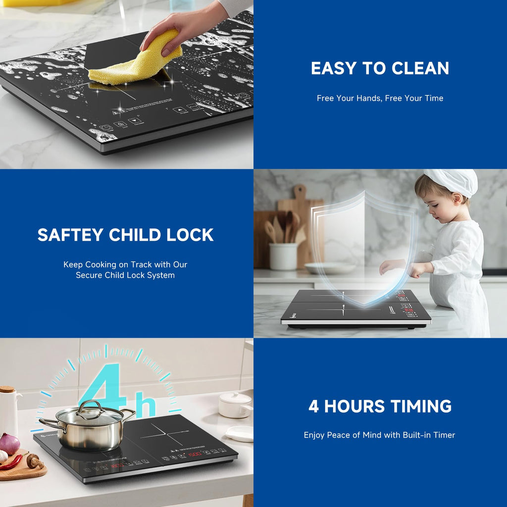 Silver  Black Glass Double Induction 2 Burner 1800W Electric Cooktop