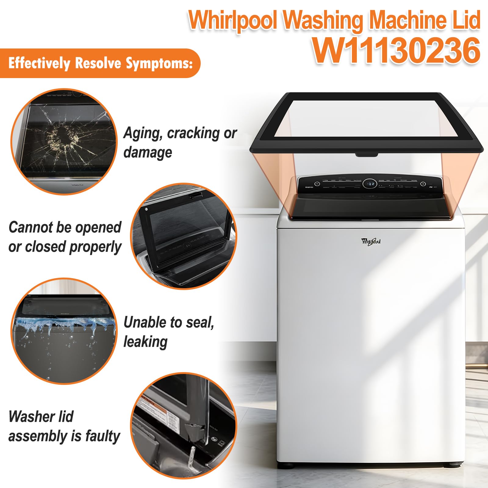 W11130236 Washer Glass Lid Replacement for Whirlpool Top Load Washing Machine with Hinges Retail $245.00