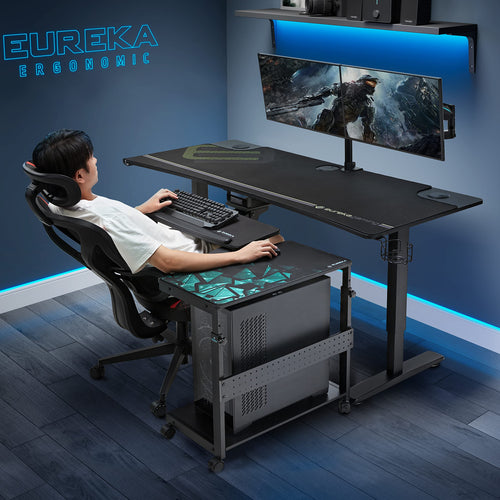 Black Height Adjustable 2-Tier PC Tower Stand Computer Cart with Wheels