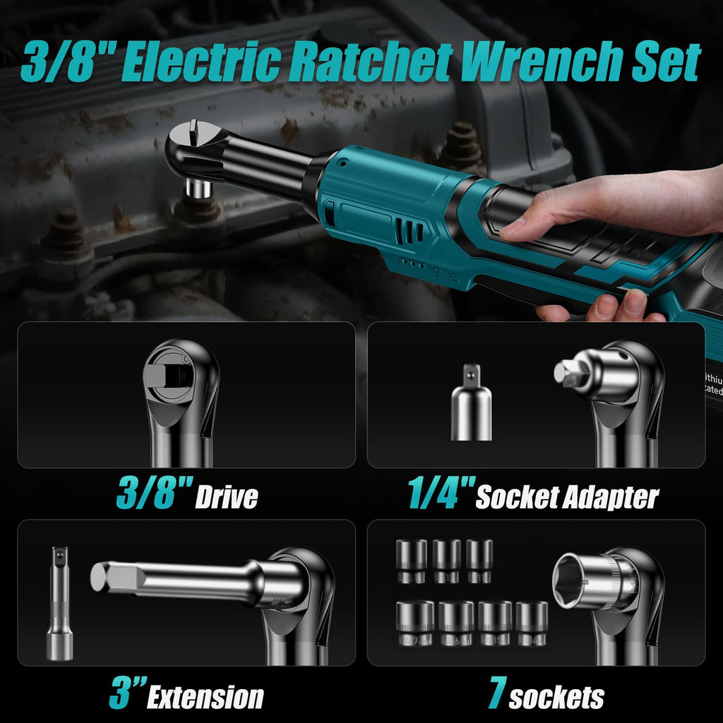 V Cordless Electric Extended 38in Power Ratchet Wrench Set 60 Ft-lbs with Sockets Blue