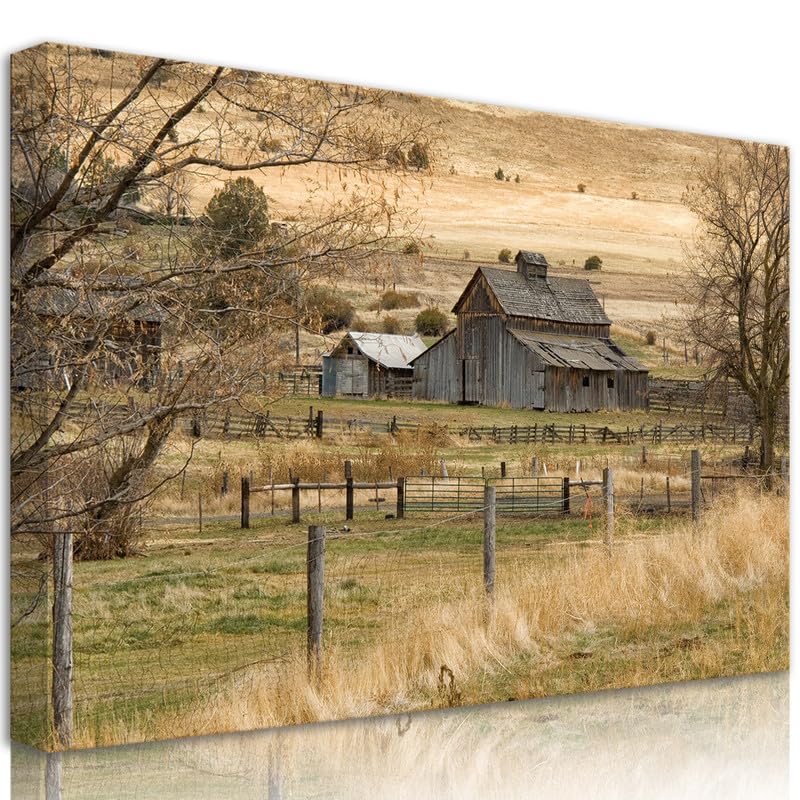 Framed Rustic Farmhouse Canvas Wall Art Vintage Barn Landscape 24x16 Inch Ready to Hang