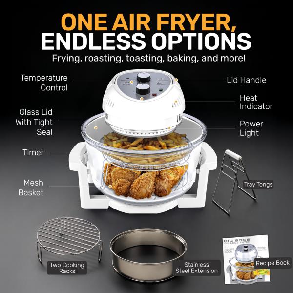 Qt Large Glass Air Fryer with 3 Cooking Sections and Stainless Steel Racks
