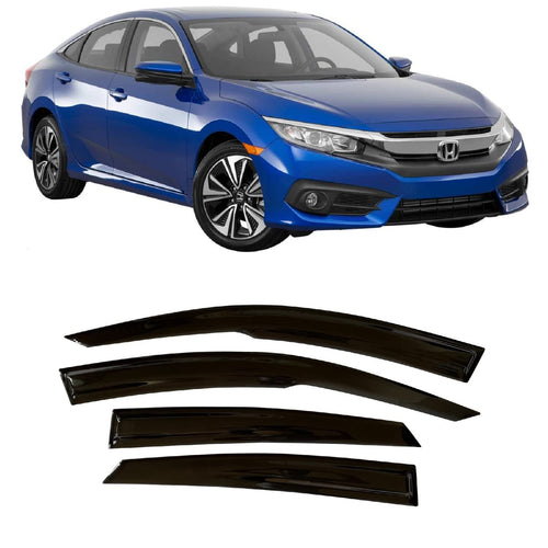 Black Tape-On Rain Guards Side Window Visor Deflectors for Honda Civic Sedan 2016-2021