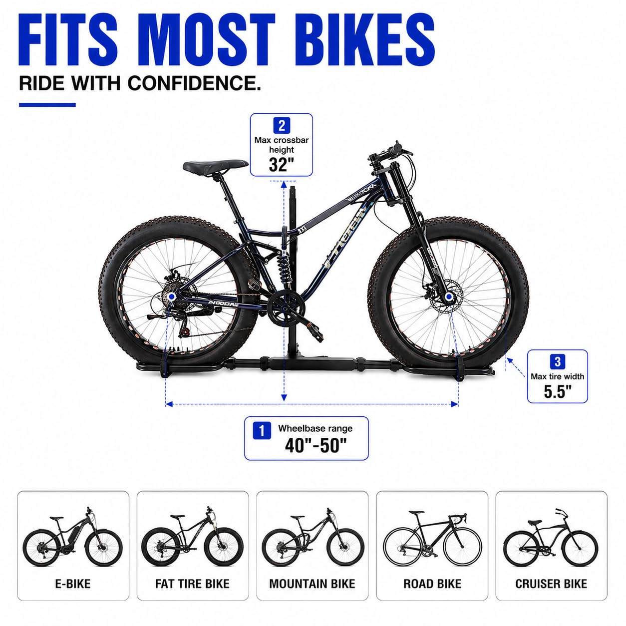 Platform Bike Rack for 2 Hitch Fits 1 E-Bike or Fat Tire Bike 120 lbs Capacity Black $194.25