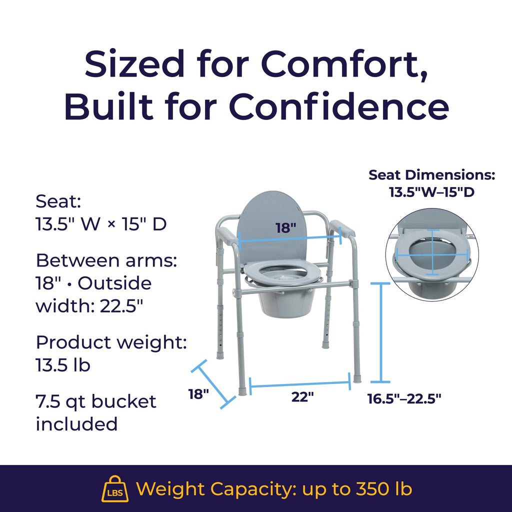 Drive Medical Folding Steel Bedside Commode Chair Portable 3-in-1 350 Lb Capacity Grey