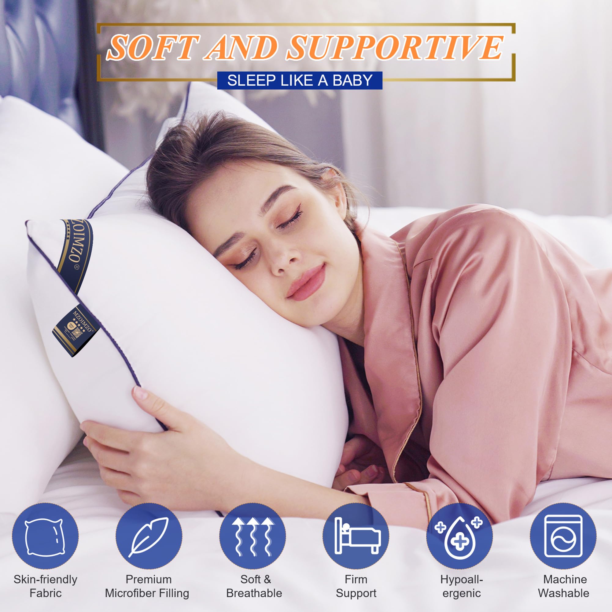 Supportive Firm Down Alternative Bed Pillows Standard Size 20x26 Set of 2 - Blue