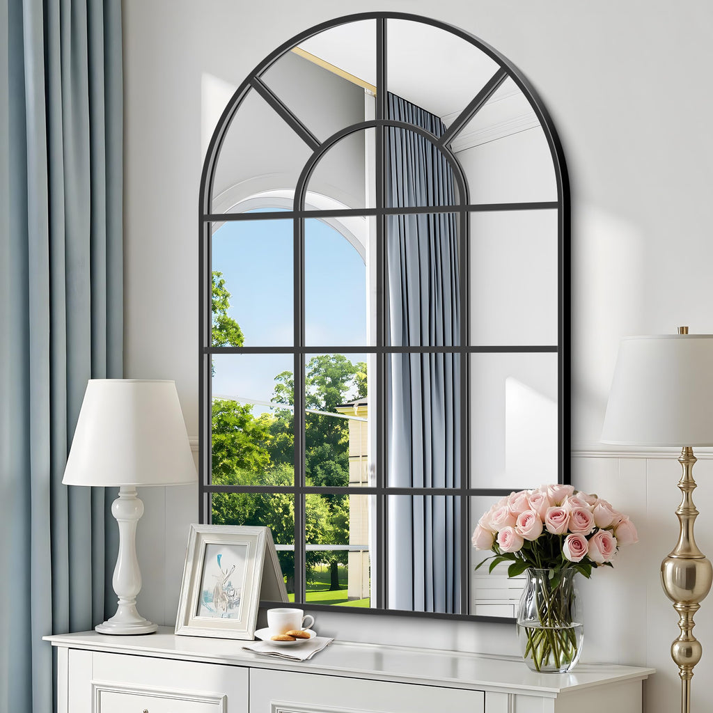New GLASHOM 30x48 Black Arched Window Pane Wall Mirror Retail $149.00