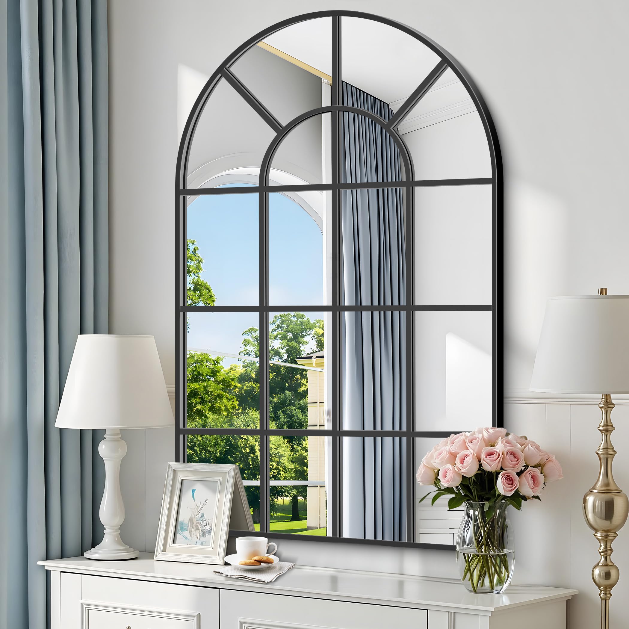 New GLASHOM 30x48 Black Arched Window Pane Wall Mirror Retail $149.00